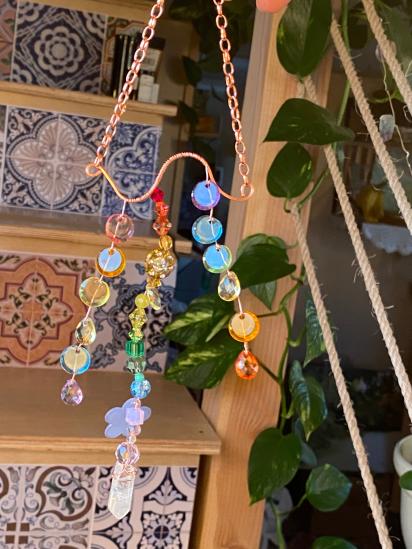 Rainbow Prismatic Aura Quartz and Crystal Copper Suncatcher