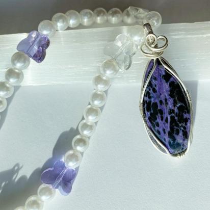 Charoite .925 silver Pendant on “Pearl” &  Butterfly Chunky Necklace