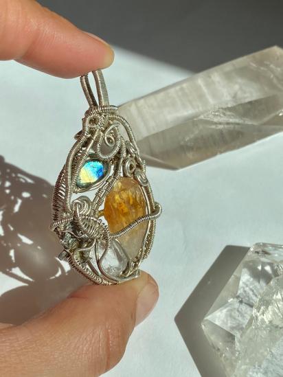Citrine, Labradorite, Bismuth, and Quartz Silver Pendant