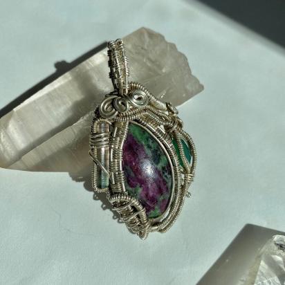 Ruby in Zoisite, Watermelon Tourmaline and Green Onyx Fine Silver Pendant