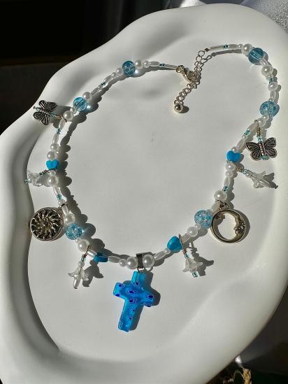 Murano Floral Glass Cross Beaded Charm Necklace