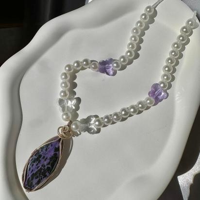 Handmade charoite beaded butterfly necklace