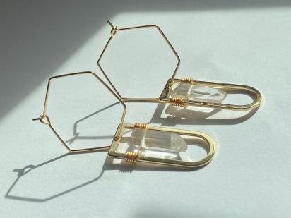 Quartz Gold Hexagon Hoops