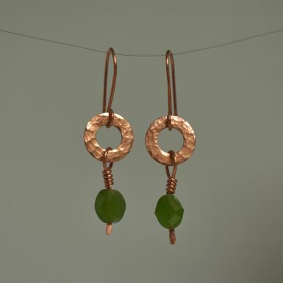 Natural Jade Hammered Copper Ring Earrings