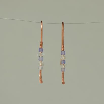 Minimalist Natural Herkimer Diamond and Tanzanite Hammered Copper Earrings