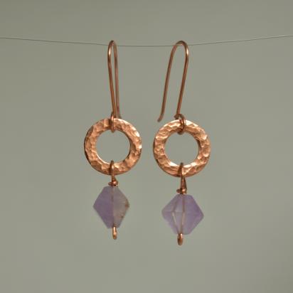 Natural Amethyst Hammered Copper Ring Earrings