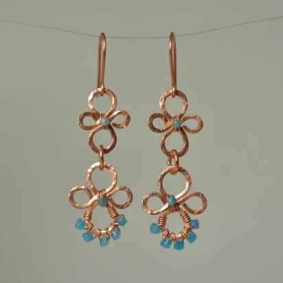 Natural Apatite Hammered Copper Flower Dangle Earrings