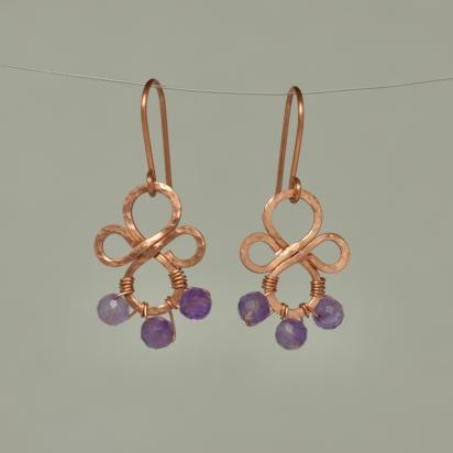 Natural, Faceted Amethyst Sphere Hammered Copper Earrings