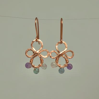 Natural, Faceted Fluorite Sphere Hammered Copper Earrings