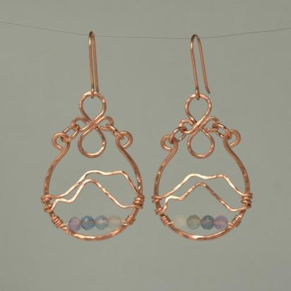 Rainbow Fluorite & Hammered Copper Mountainscape Dangle Hoop Earrings