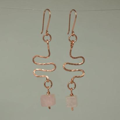 Rose Quartz & Hammered Copper Wavy Eclectic Statement Earrings