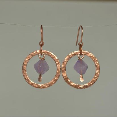 Amethyst & Hammered Copper Dangle Hoop Earrings