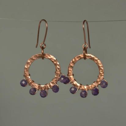 Amethyst & Hammered Copper Beaded Halo Earrings