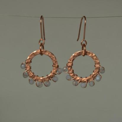 Blue Lace Agate & Hammered Copper Beaded Halo Earrings